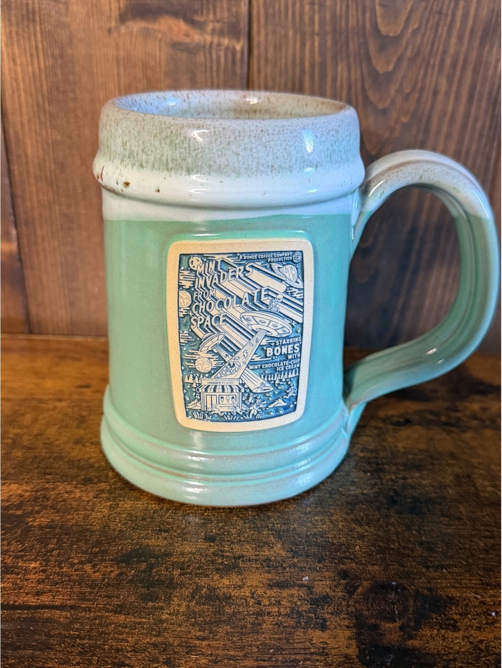 Dennen Pottery Mint Green Stoneware Stein Mug with Blue Graphic